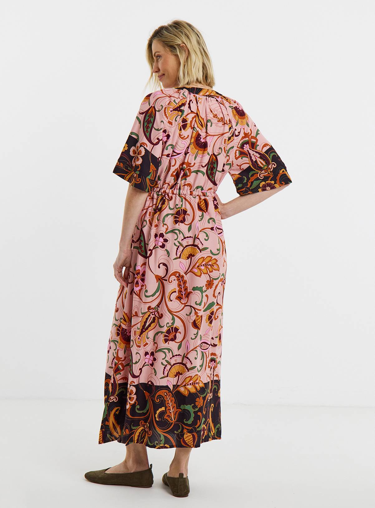 JD WILLIAMS Pink Floral Border Print Frill Sleeve Midaxi Dress 26 - Image 2